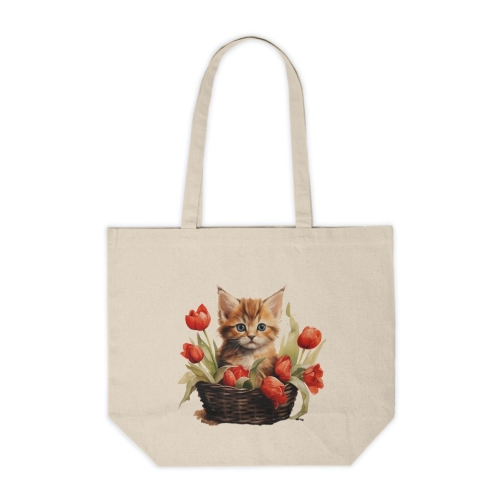 Floral Cat in a Basket Custom Canvas Tote Bag
